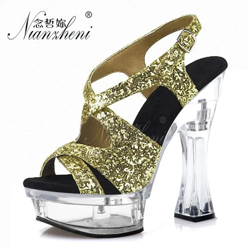 

novelty Sexy Fetish bling British style 14cm Platform Sandals 5inch Open Toe Pole Dance Shoes Shining brightly Roman Exotic club