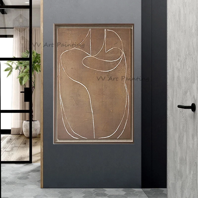 Handmade Minimalist Abstract Line Oil Painting Textured Brown Canvas Wall Art Modern Neutral Home Decor For Living Room Office