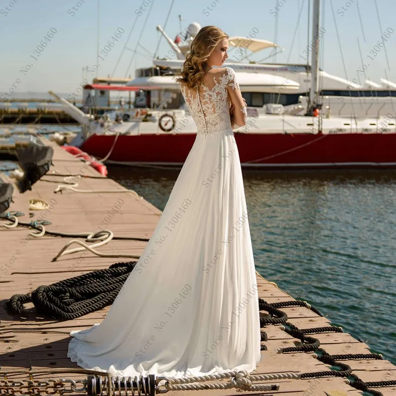 Thinyfull 2021 Eenvoudige Chiffon Boho Een Lijn Trouwjurk Kant Met Lange Mouwen Elegante Bruid Jurk Robe Mariage