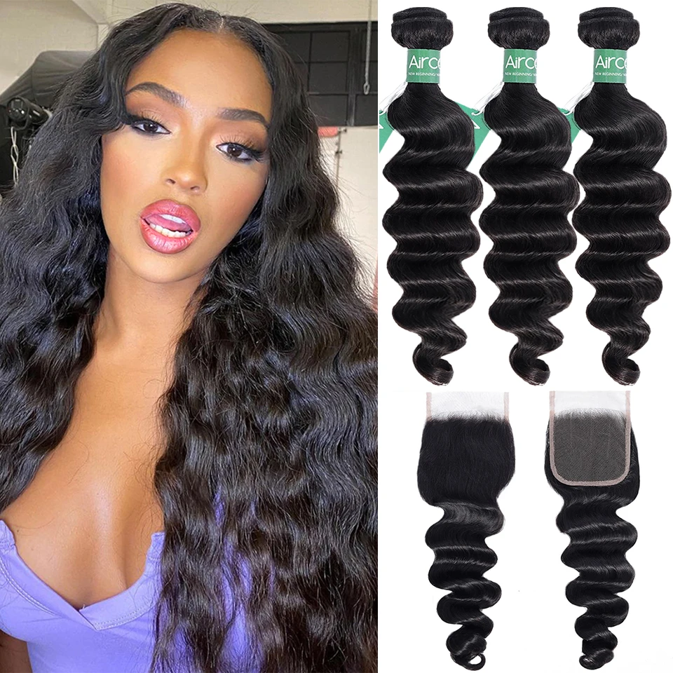 

Aircabin Loose Deep Wave Bundles With Closure Brazilian Human Hair 3/4 Bundles With Closure Malaysian Hair Bundles With Closure