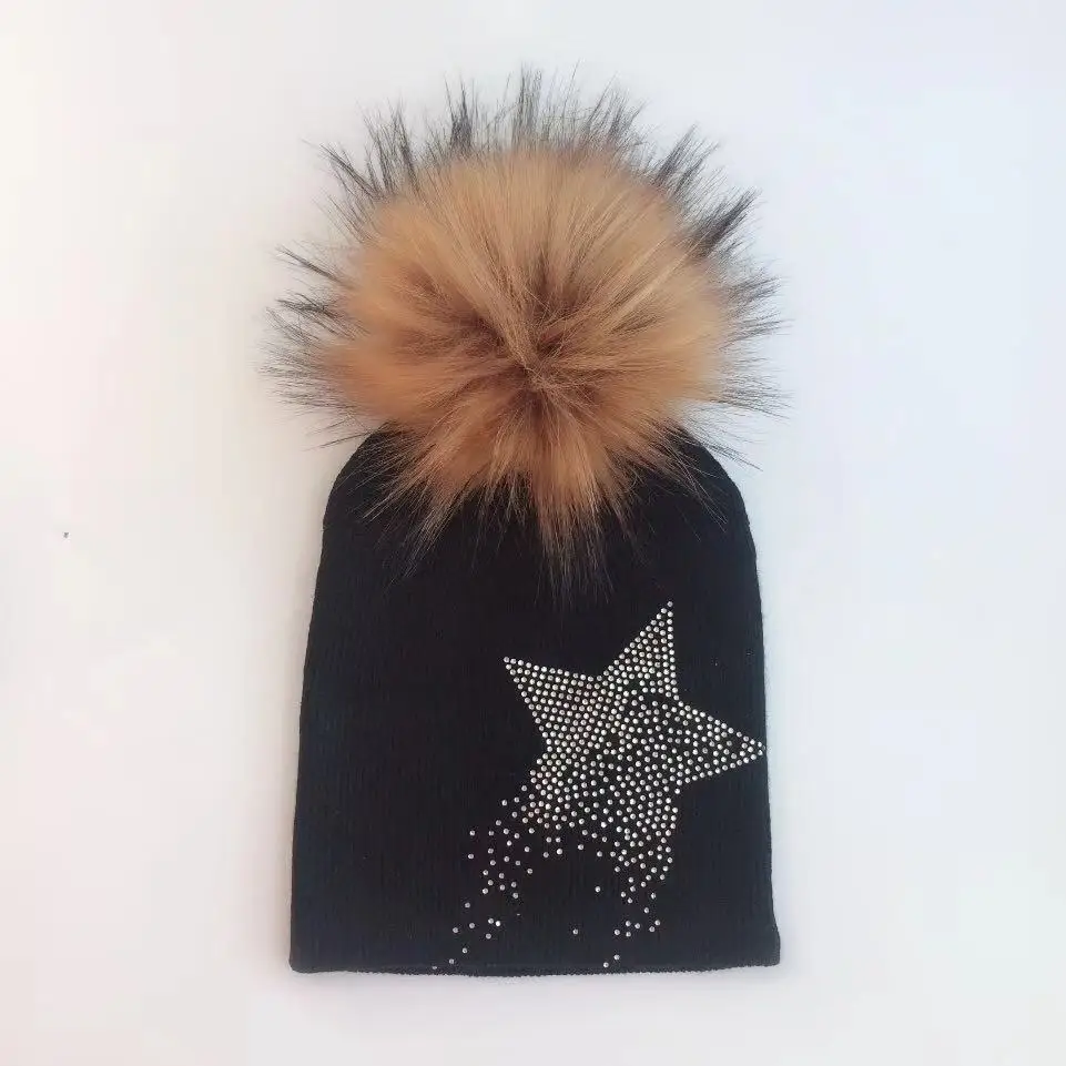 1-3 years children\'s winter infant baby kids faux fur star diamond hat scarf set cap beanie with pompom beanie for boys and girl