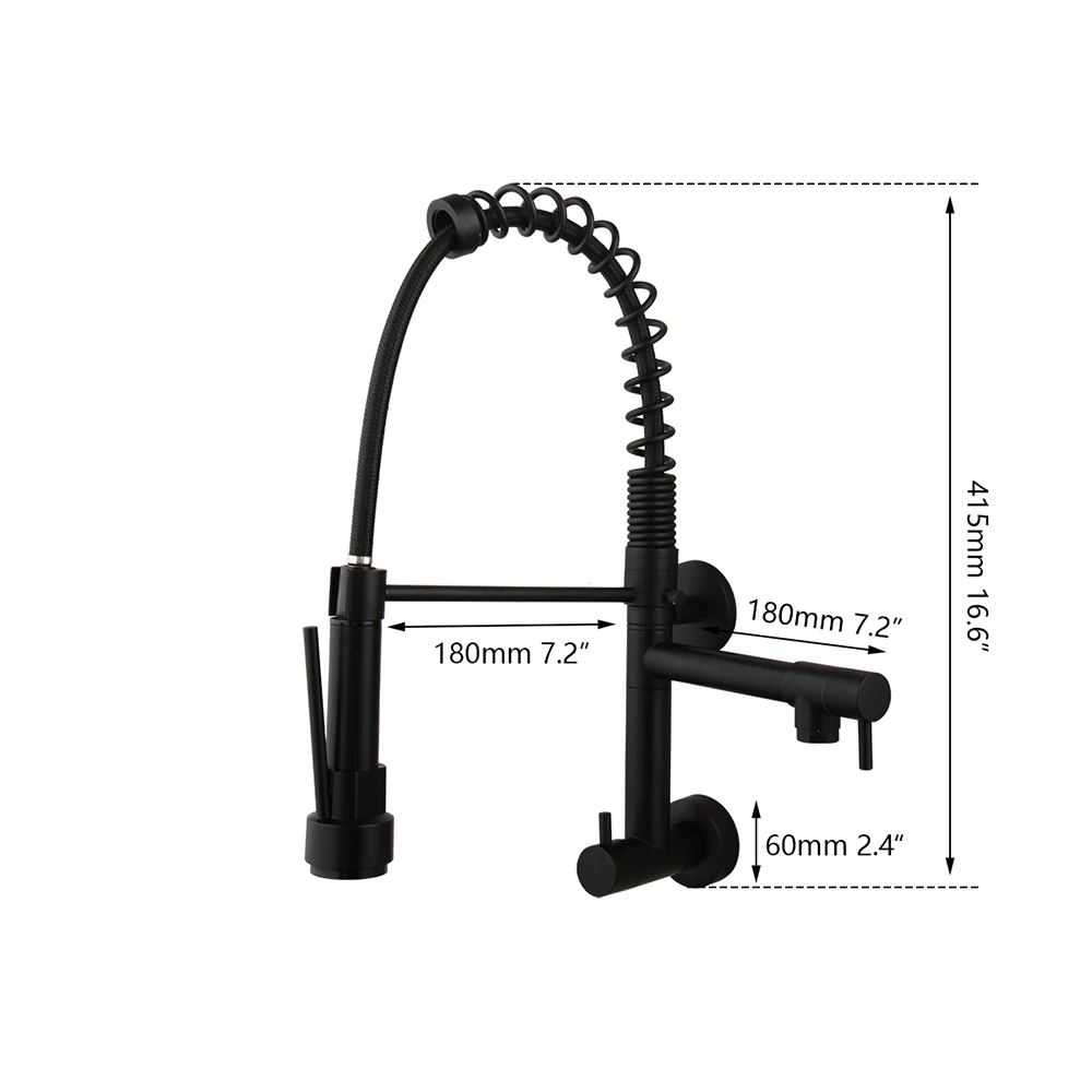 Torayvino Matte Black Pull Down Kitchen Faucet Single Cold Water Dual Spout Kitchen Tap Basin Sink Wall Mounted ABS Nozzle Crane