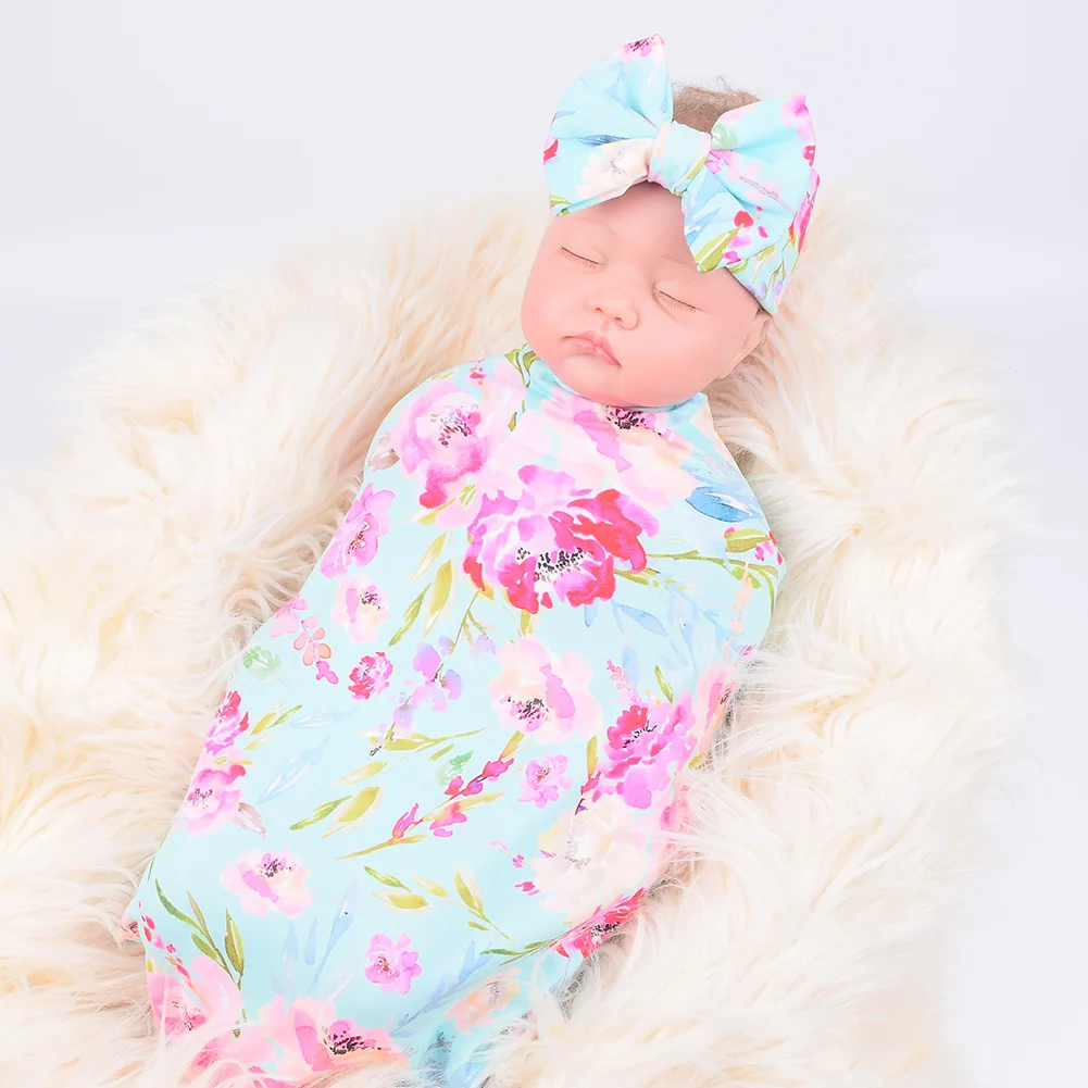 2020 Baby Swaddle Blanket and Bowknot Floral Bows Headband Set Flower Bud Blanket Girls Photography Props Muslin Swaddle Wrap