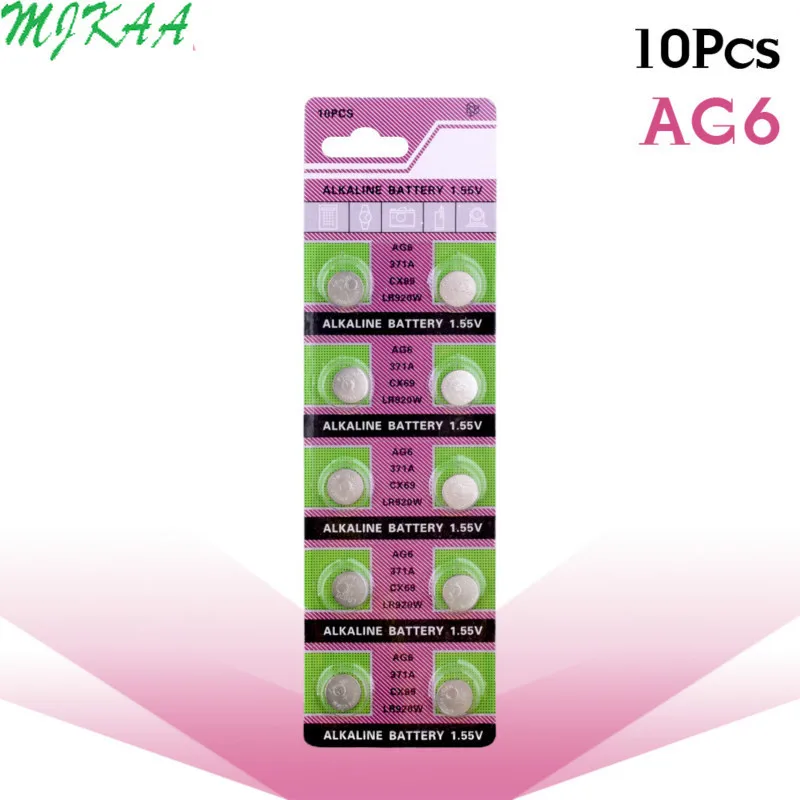 

10pcs/pack AG6 Promotion For watch Button Battery 371 d371 605 sr920sw sr69 alkaline cocell button battery