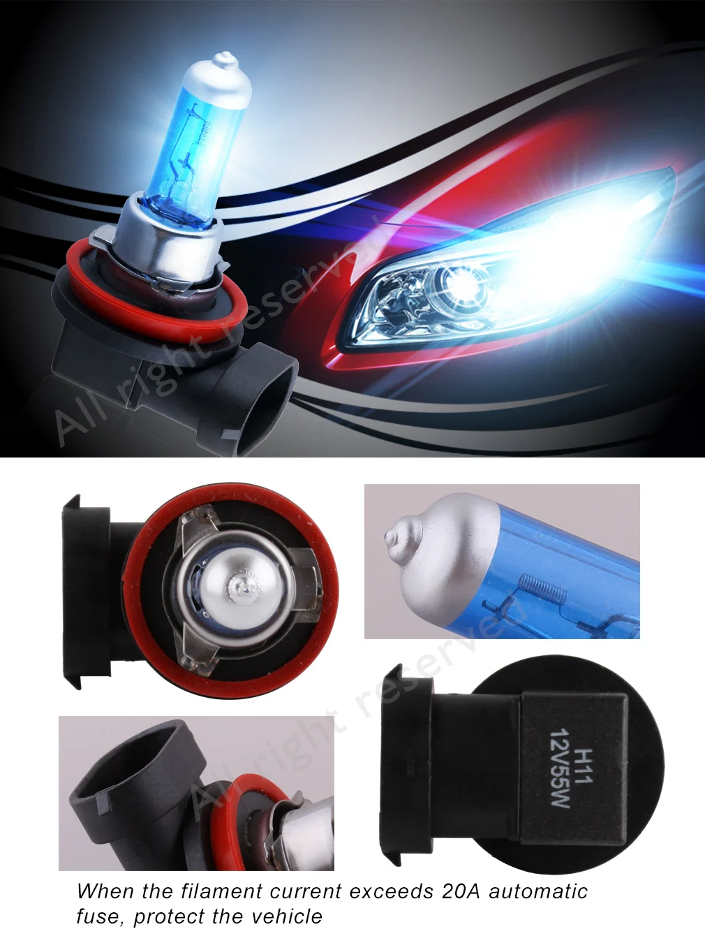 2Pcs H11 55W 100W 12V Super Bright 6000K White Fog Lights Halogen Bulb Car Headlight Lamp Car Driving Light Styling Parking Auto