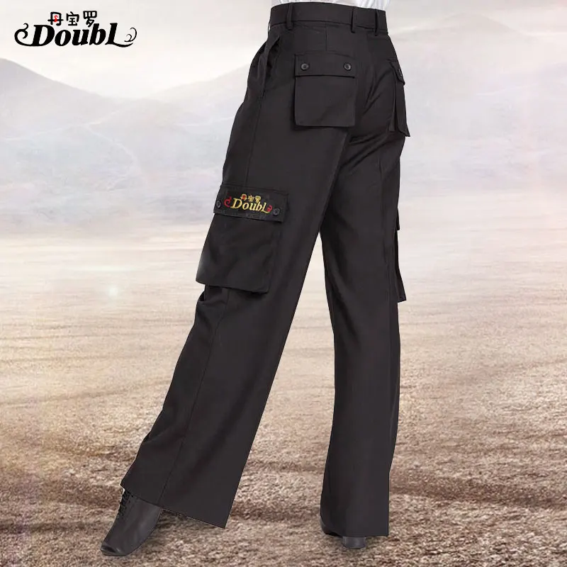 

Doubl Brand Latin Modern Standard Fashion Elegant with 6 pockets Cargo Pants Adult Dance Men's Ballroom Trousers Black