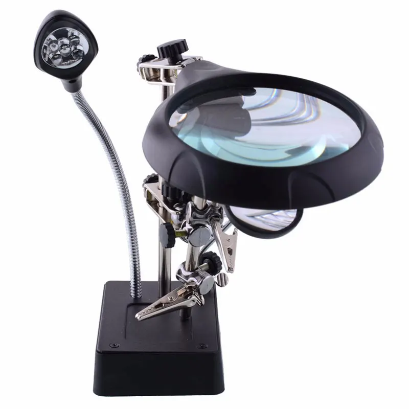 Soldering Iron Station Stand With Welding Magnifying Glass Clip Clamp Third Hand Helping Desktop LED Magnifier Repair Tool