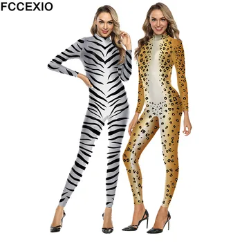 FCCEXIO คอสเพลย์เซ็กซี่ลายเสือดาวรูปแบบ Bodysuits ผู้หญิงแขนยาวชุด Purim Carnival Jumpsuit สำหรับผู้ใหญ่
