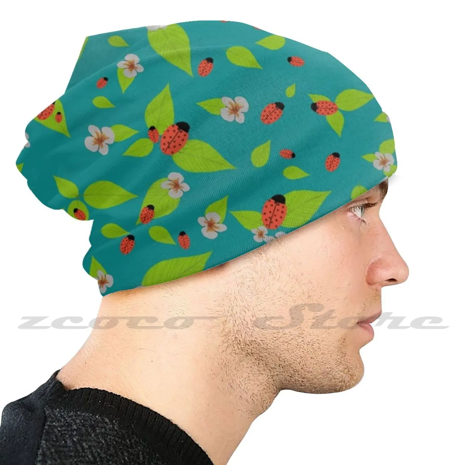 Lady Bugs , Green Personalized Pattern Knit Hats Plus Size Elastic Soft Cap Ladybird Leaves Flowers Green Children