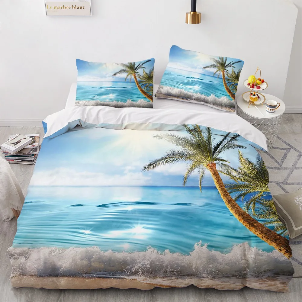 3D HD Print Bedding Set Custom King Sea Beach Waves Moonlight Duvet Cover Set Quilt/Blanket Cover Set Bedclothes Beach Drop Ship