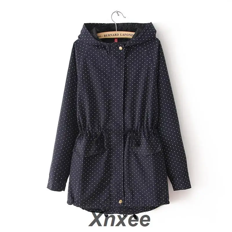 

2019 Trench Coat Autumn Winter Women Cute Polka Dots Hooded Drawstring Trench Abrigos Chaquetas Windbreaker Outerwear Coat Xnxee