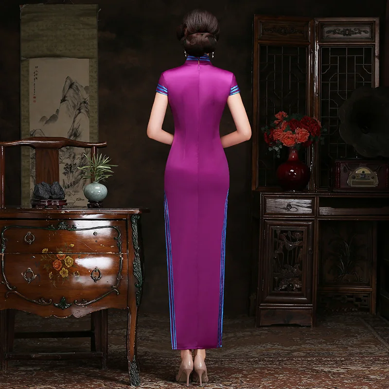 Plus Size 3xl 4xl 5xl Slim Purple Qipao Sexy Satin Cheongsam Elegant Mandarin Collar Chinese Dress Long Classic Vestidos Gown