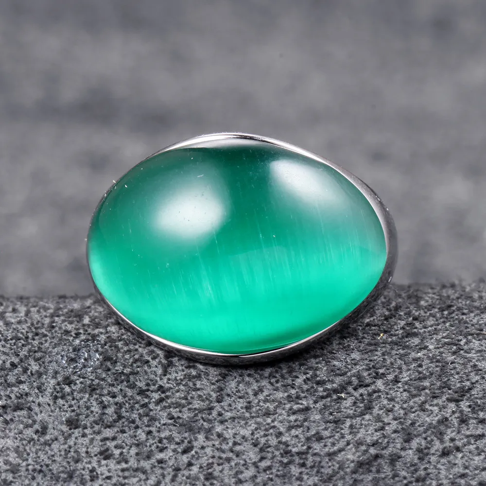 Big Green Opal Cat\'s Eyes Gemstones Rings for Men Women Stainless Steel Unique Fashion Bands Accessories Sizes 7,8,9,10,11,12