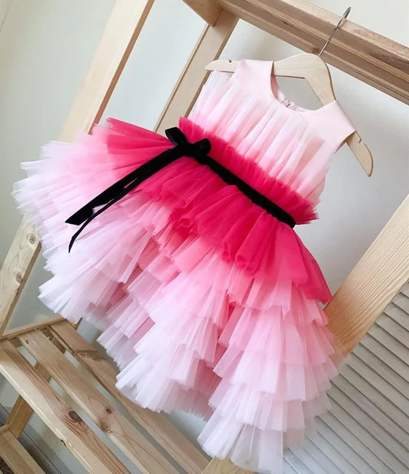 

Cute Tutu Toddler Girls Dresses Puffy Tulle Pink First Birthday Dress Kids Clothes New Year Christmas Dress Black Ribbon