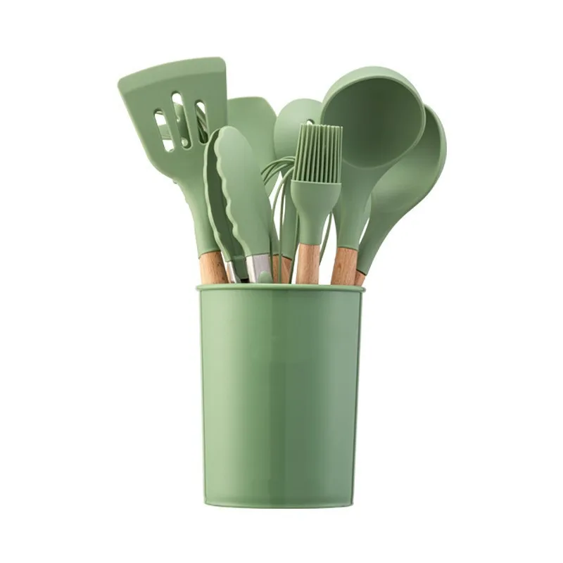 Green Cooking Kitchenware Tool Silicone Utensils With Wooden Multifunction Handle Non-Stick Spatula Ladle Egg Beaters Shovel