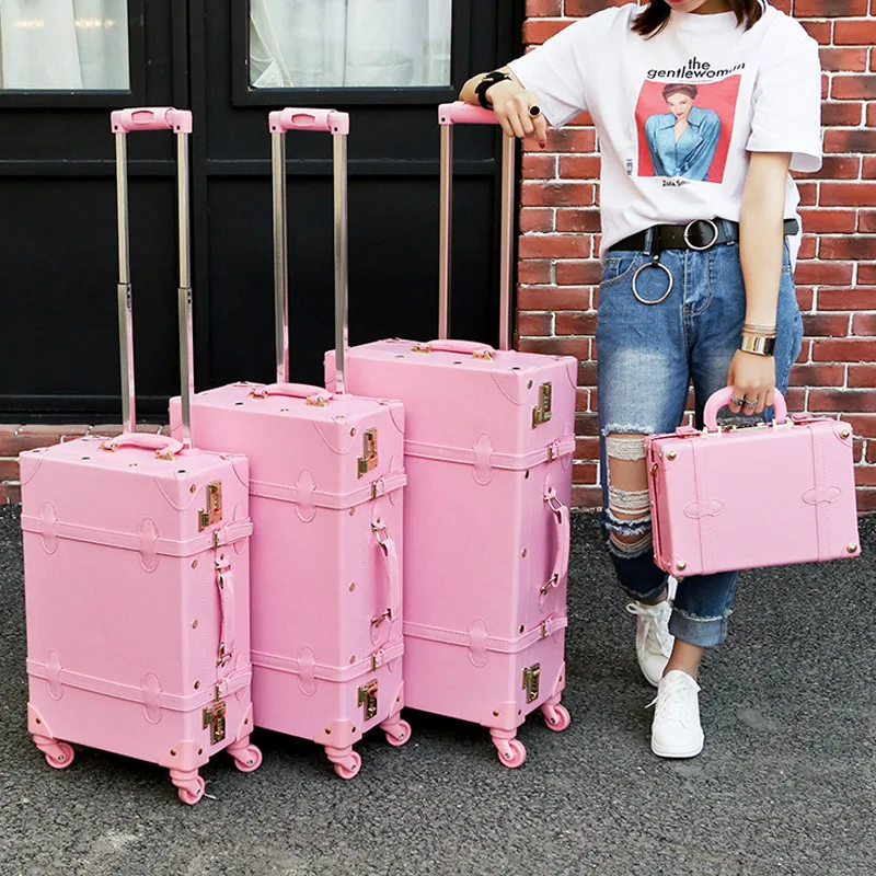 High Quality PU Leather Trolley Luggage Lovely Full Pink Vintage Suitcase set on Wheels for Women Retro cabin Suitcase Girls