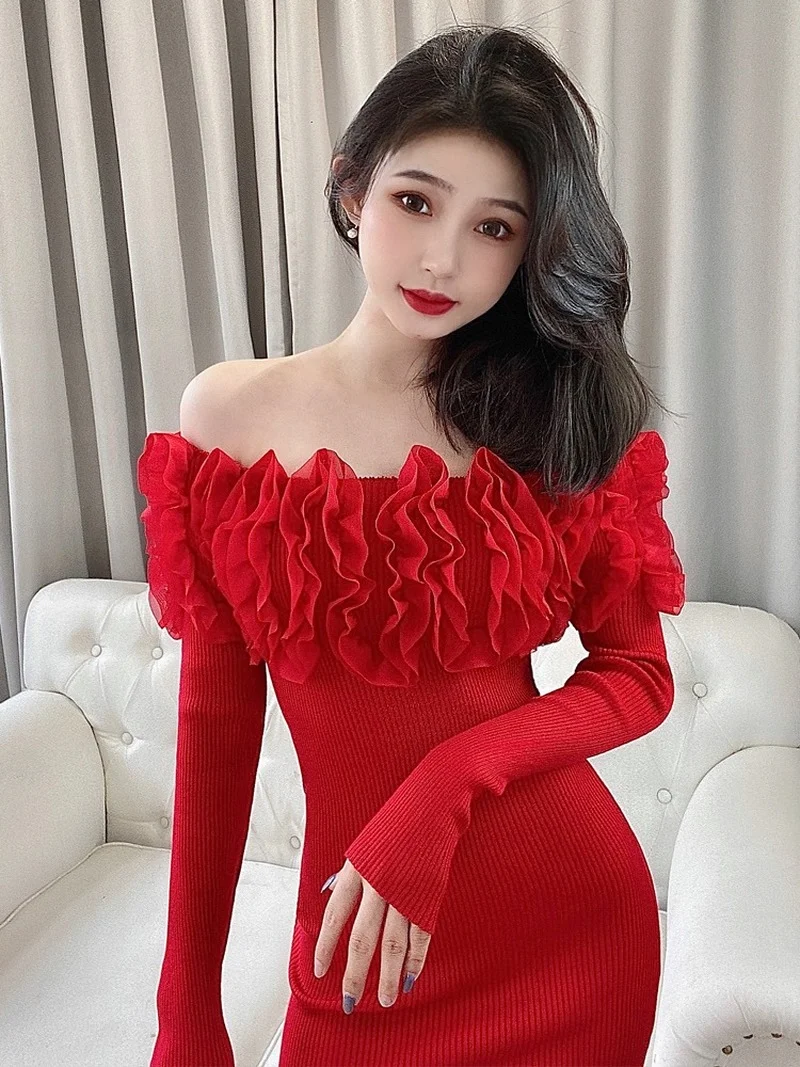 Wild Solid 3D Flower Jacquard Sexy Full Slash Neck Knitted Dress Mini Wrap Hip Slim Off Shoulder Robe Elegant Lady Sweater Fall