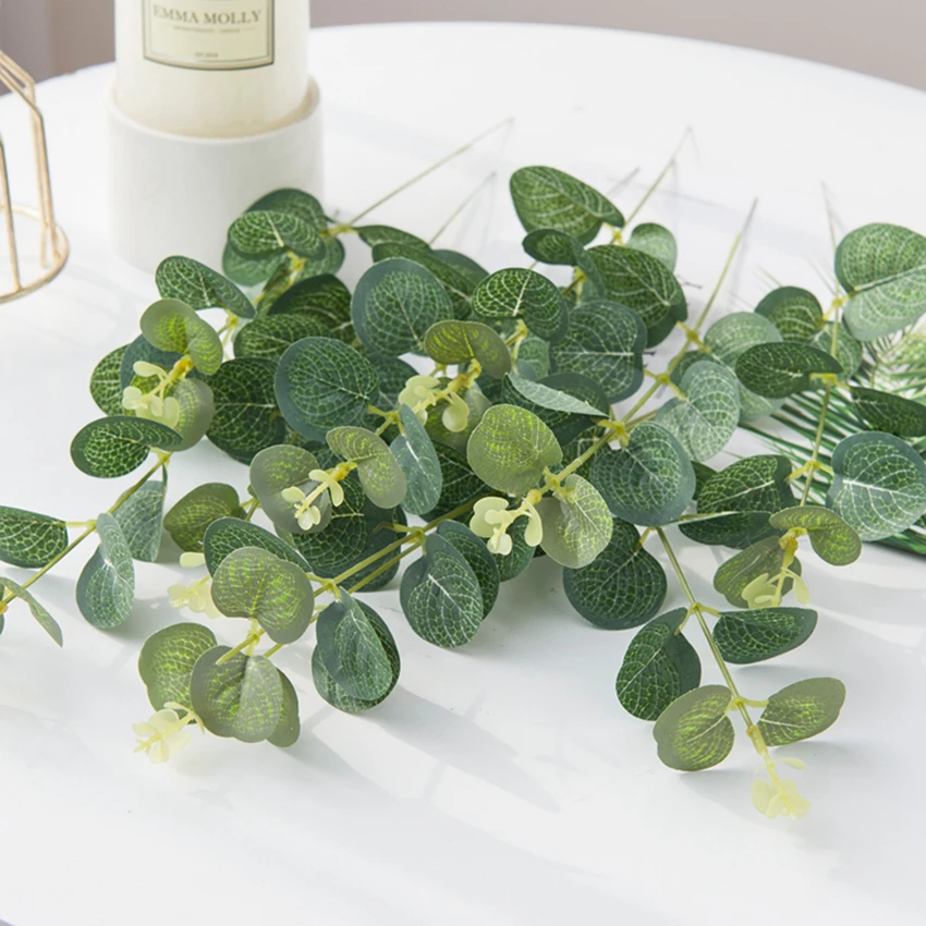 100PCS Green Fake Plants Silk Eucalyptus Leaf Christmas Decoration Vase for Home Garden  Wedding Scrapbooking Artificial Flowers