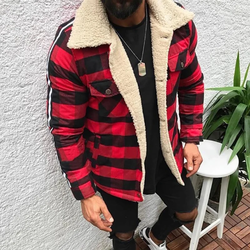 Fashion Casual Pocket Long Sleeve Jacket Men 2021 Winter Lining Fleece Warm Coats Top Loose Turn-down Collar Plaid Retro Outwear