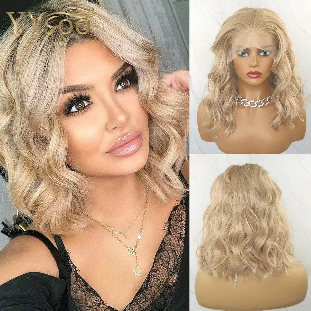 

YYsoo Short 103 Color Futura Synthetic 13x6 Lace Wigs For Women Glueless Honey Blonde Loose Wavy Middle Part Replacement Bob Wig