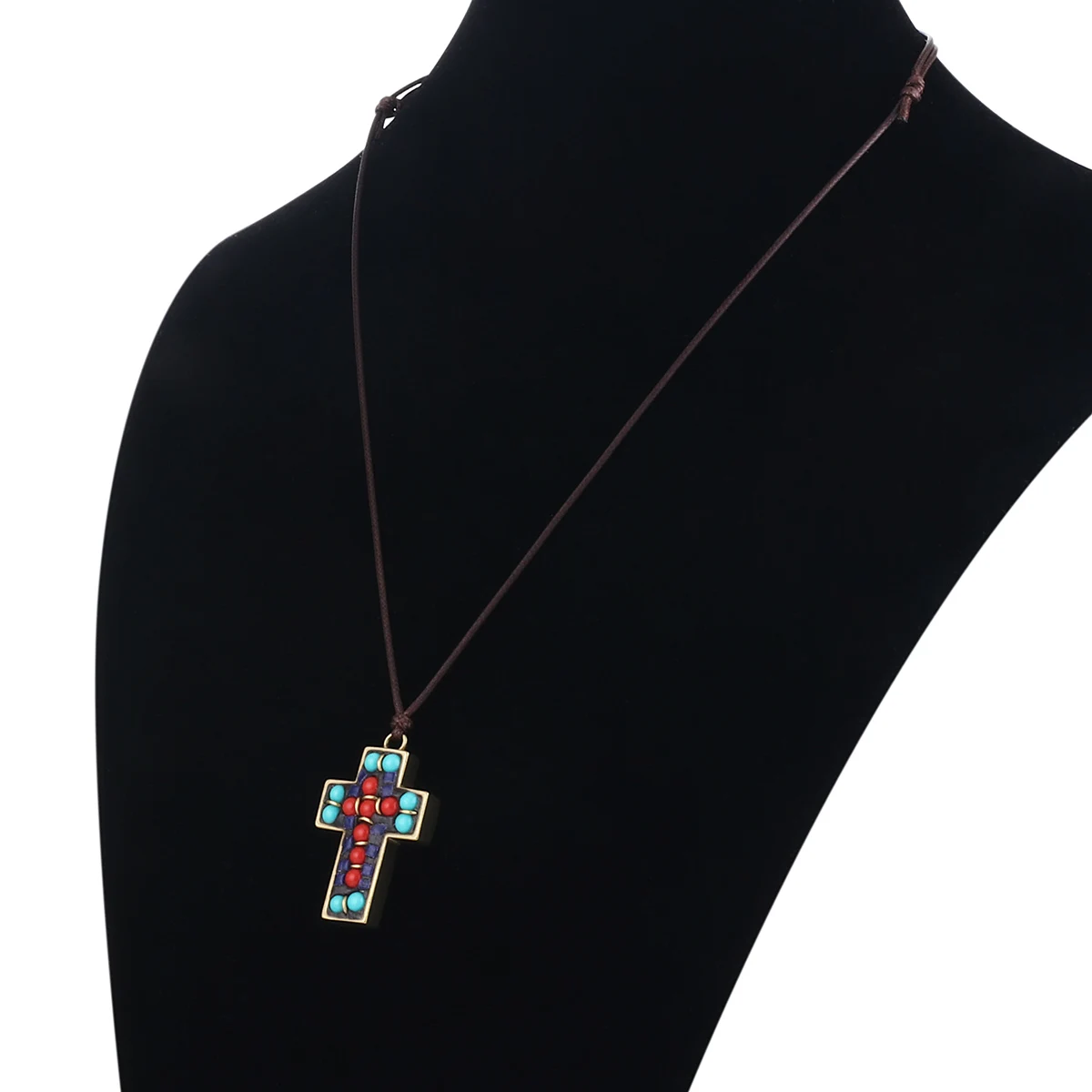 Religious Copper Pendant Cross Necklaces Inlay Nepal Beads Leather Chain Necklace Antique Lucky Jewelry for Women Men