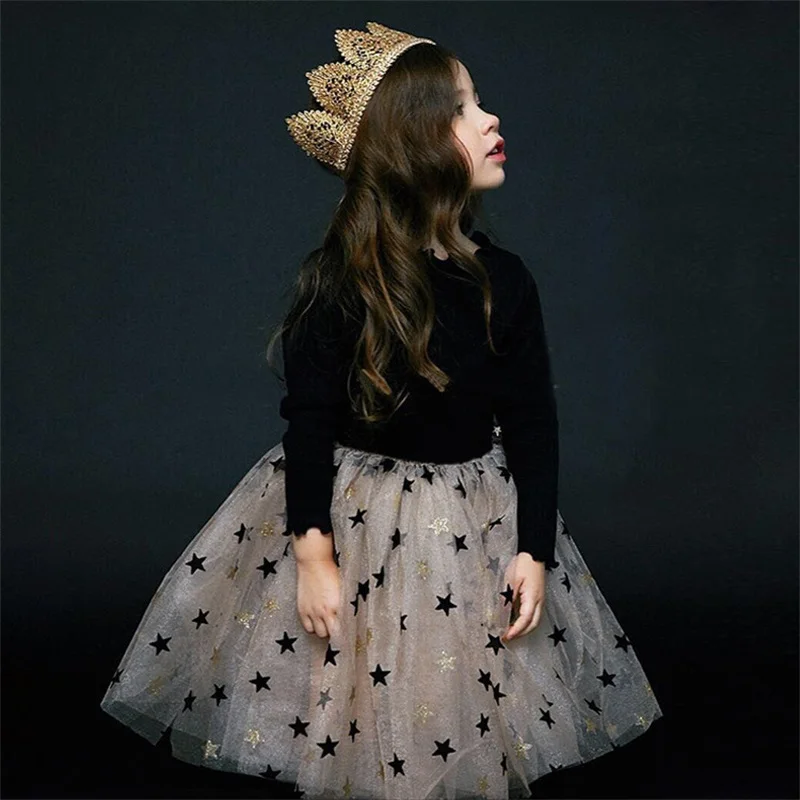 Black Long Sleeve Sweater Tulle Dresses Child Girl 3 4 6 8 10 Year Kids Winter Clothes Yellow Tutu Gown Fashion Ins Starry Dress