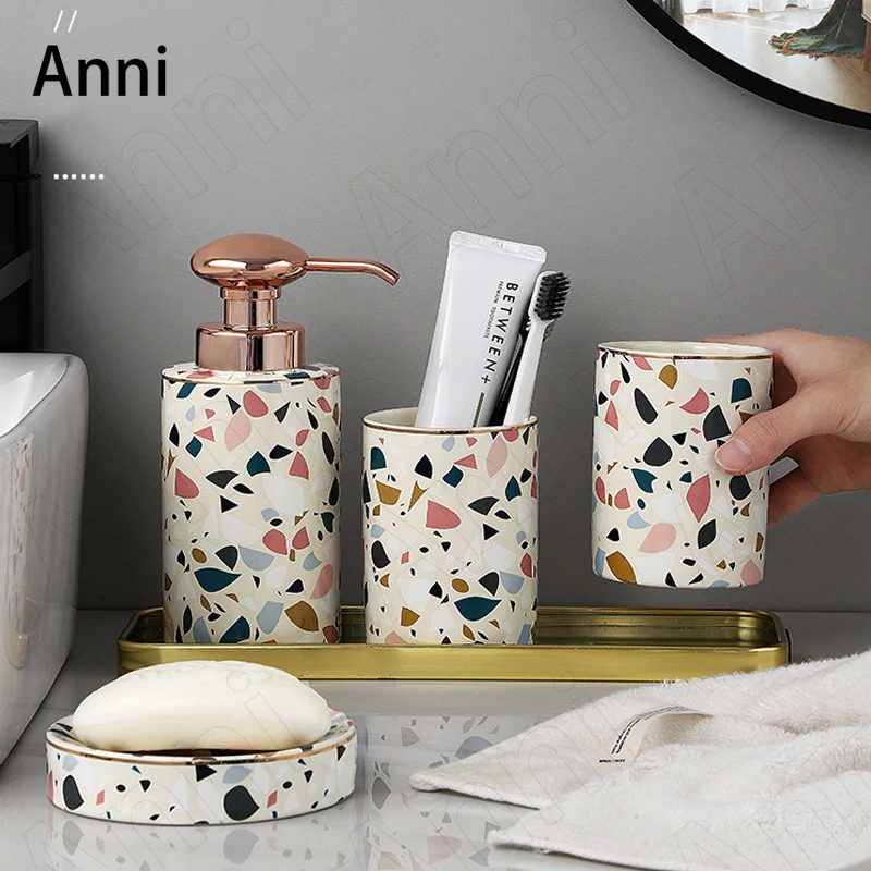 Creativity Painted Terrazzo Bathroom Decoration Accessories European Modern Household Ceramic Five Piece Set Shower Supplies