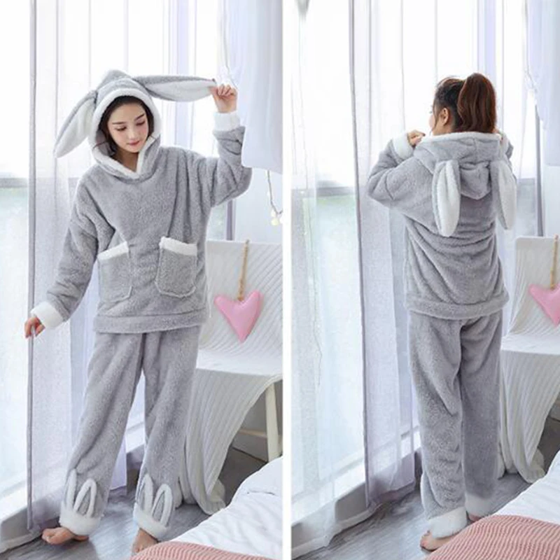 Winter Coral Fleece Pajama Set Women Thick Warm Flannel Velvet Cozy Two Piece Sleepwear Rabbit Ear Hooded Home Clothing Homewear