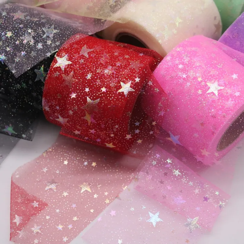 25yard Silver star Printed Tulle Cherry Blossom Mesh Fabric Rainbow Color Ribbon DIY Handmade Craft Ornament Material Supplies