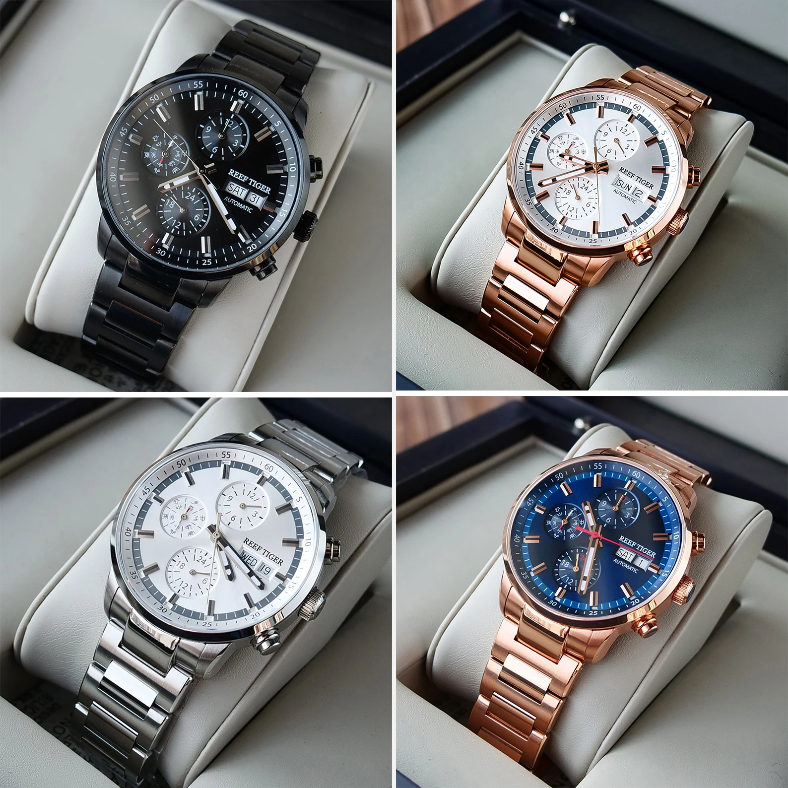Reef Tiger Men Automatic Watch 40mm Mechanical Wristwatch 50M Waterproof Luminous Steel Strap Month Week Date RGA1659