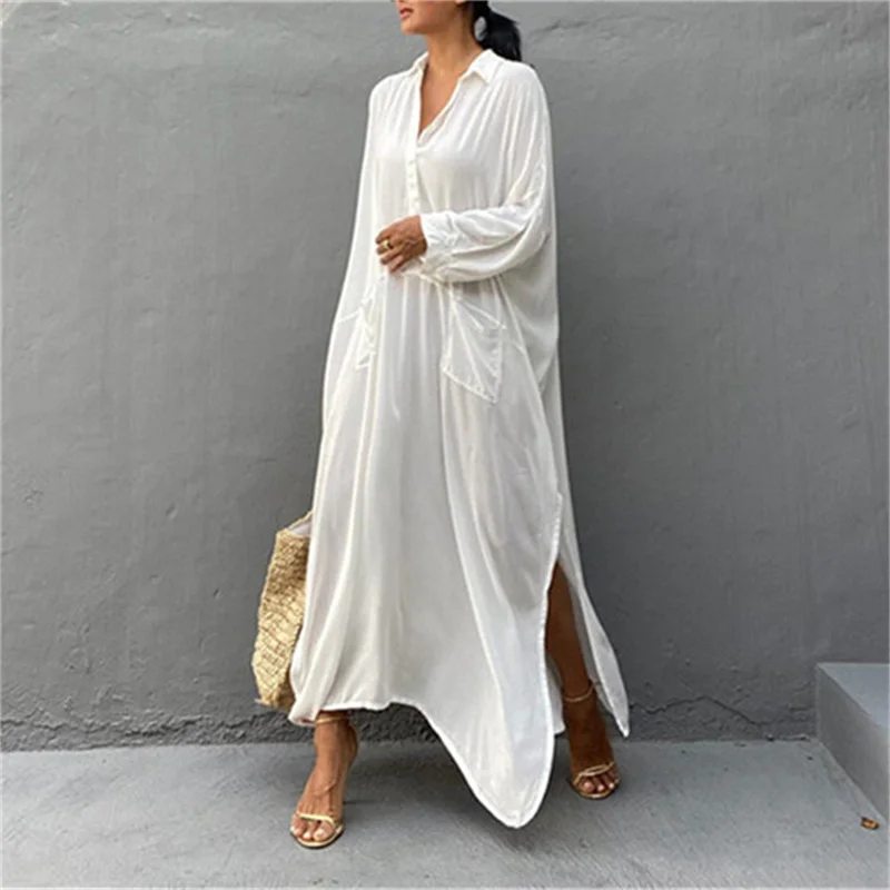 Sexy Bikini Cover-ups Long White Tunic Casual Summer Beach Dress Elegant Women Loose Beach Wear Swim Suit Cover Up