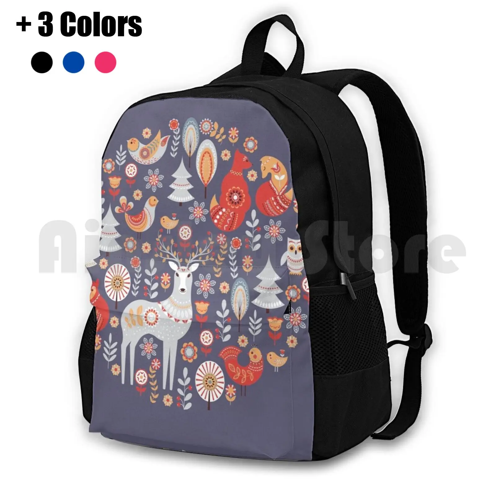 Fairy-Tale Forest. Foxes , Deer , Birds , Owls , Flowers And Herbs On A Blue Background. Outdoor Hiking Backpack Riding