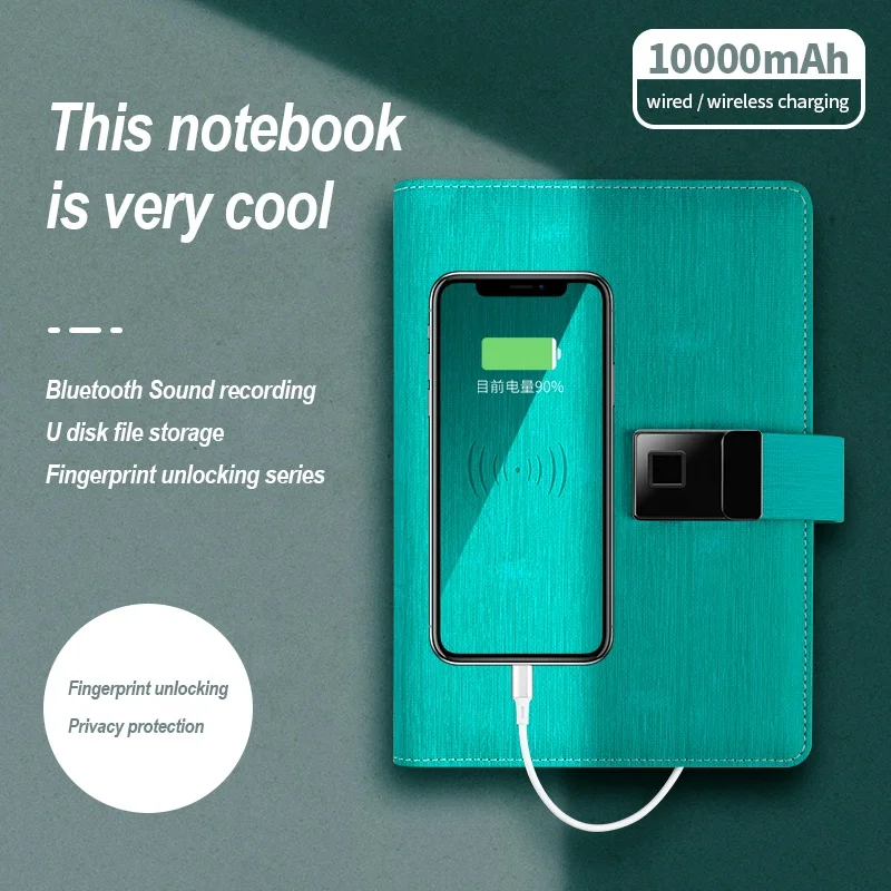 16G Usb Losbladige Bluetooth Luidspreker Opname Vingerafdruk Slot Notebook Smart Notepad Dagboek Met Draadloze Power Bank 10000mah