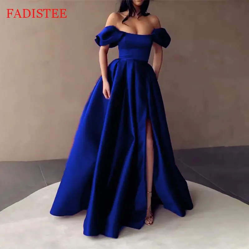 Royal Blue Satin Prom Jurken Strapless Off De Schouder Split Avondjurken Geplooide A-lijn Lange Formele Gowns