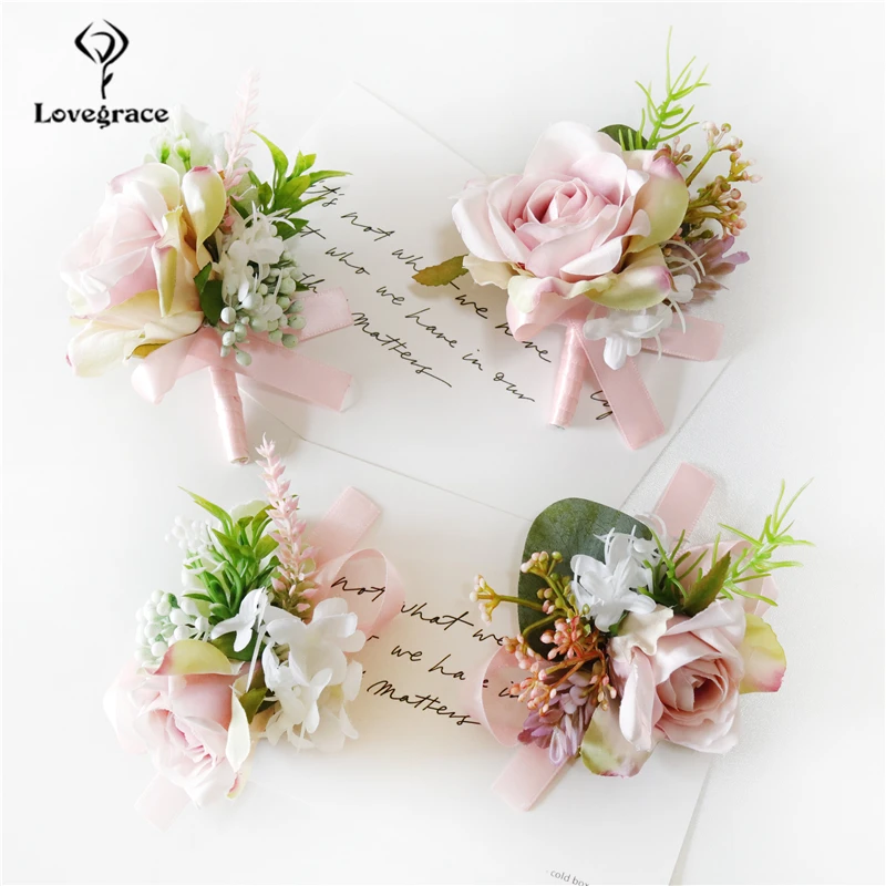 Boutonniere Bruiloft Knoopsgat Roze Zijde Rozen Corsage Bruidsmeisje Armband Bloemen Bruidegom Boutonniere Huwelijk Accessoires