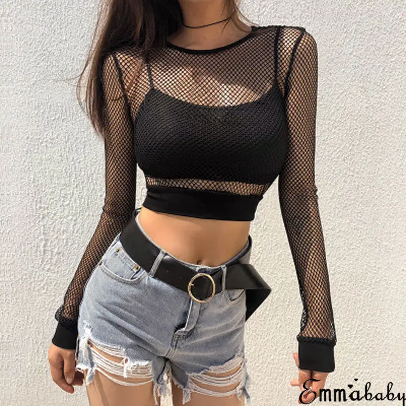 Sexy Black Hollow Out Mesh Female Skinny Crop Top New Fashion Summer Basic Tops For Women Fishnet Shirt