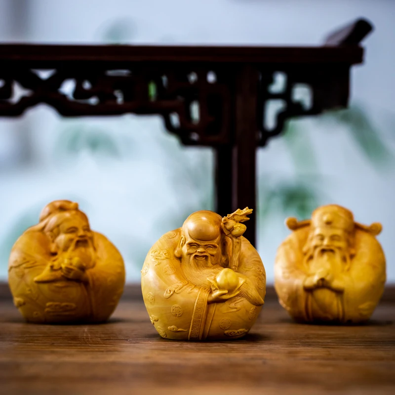 Hand-Carved Wooden Fu Lu Shou Figurines - Small Adorable Good Luck Statues