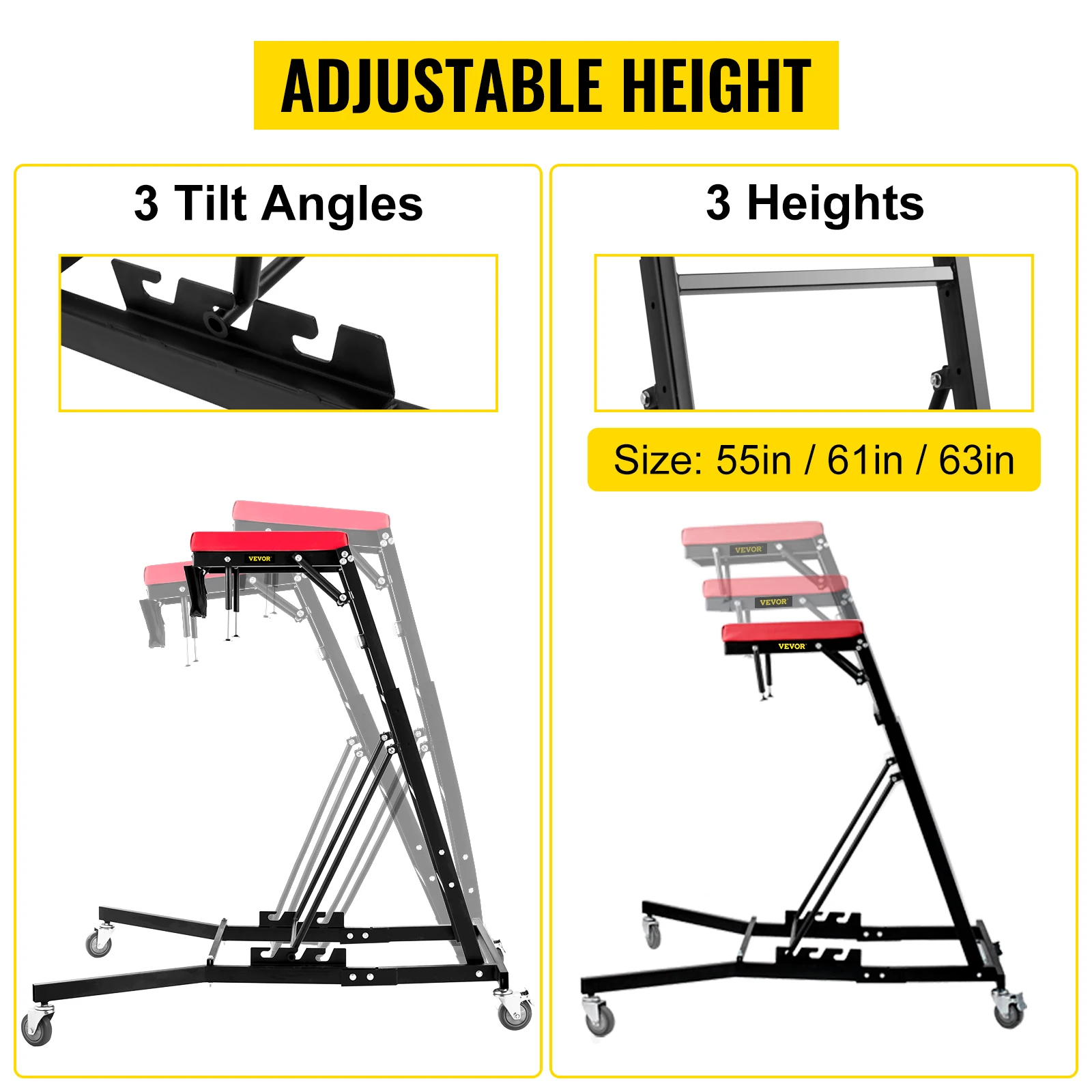 VEVOR Creeper del Motore Automobilistico Pieghevole, Scaletta di Riparazione di Motore Regolabile in Altezza, Sgabello per Riparazione di Auto, Altezza 139,7cm 154,9cm 160cm, Creeper Motore per Garage