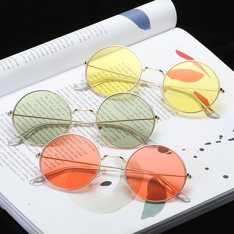 Fashion Vintage Round Sunglasses Woman Brand Designer Sun Glasses For Woman Alloy Mirror Candy Color Pink Red Black Yellow