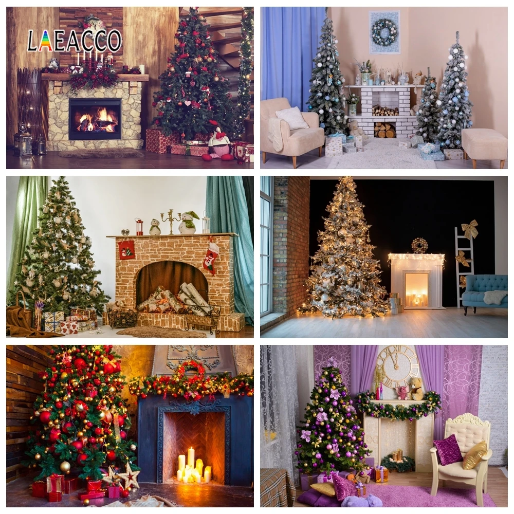 

Laeacco Christmas Backdrops Fireplace Sofa Gifts Lights Tree Photography Backgrounds Room Interior Decor Photophone Photo Studio