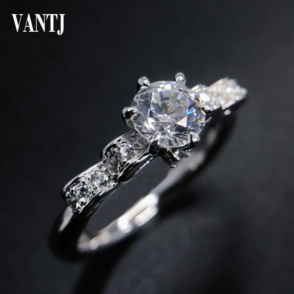 VANTJ White Moissanite Ring 1ct 6.5mm Round Brilliant Cut Moissanite Ring Diamond Ring 10k Gold for Women Wedding Party Gift