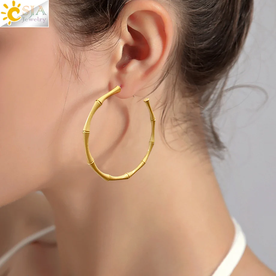 CSJA Big Chunky Bamboo Hoop Earrings 2020 for Girl Gold Color Copper Round Circle Earrings  Shiny Ear Jewelry Luxury Punk S716