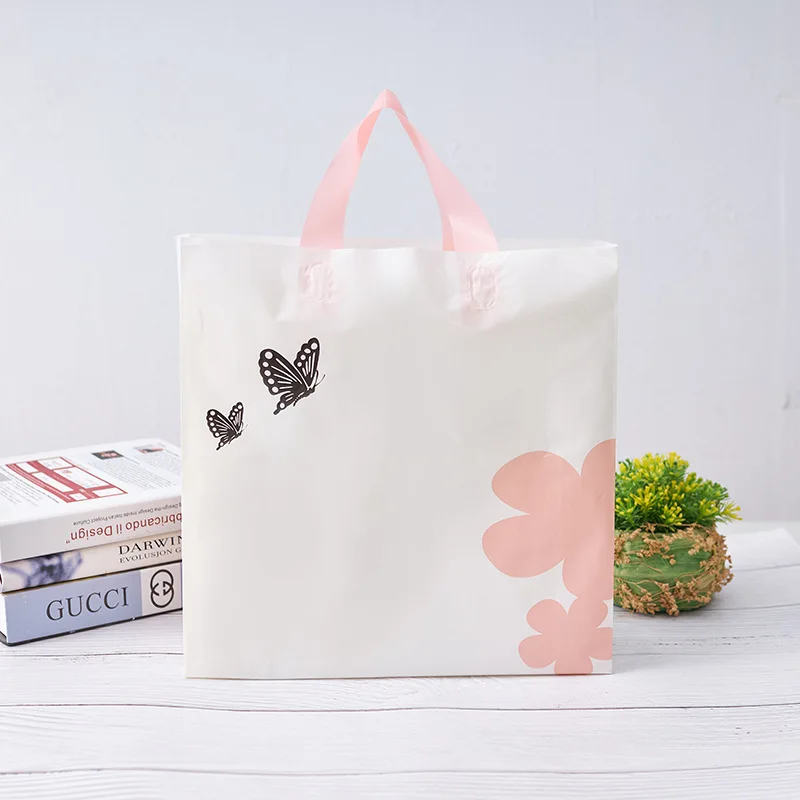 50pcs Thick Large Plastic Bags With Handle Pink Floral Gift Bag high quality Clothing Store Packaging Bags Wedding candy bag