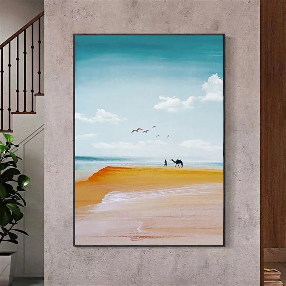 Hand-Painted Oil Painting North Africa Middle East Desert Landscape Camel Auspicious Bird Canvas Paint Modern Home Decoration