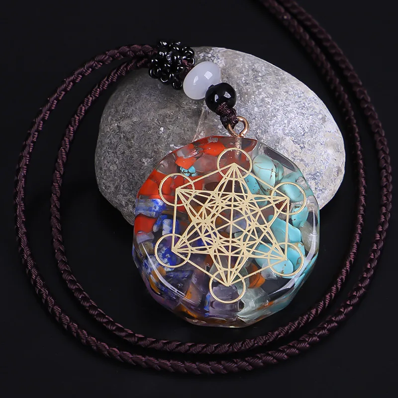 Flower of Life Pendant Necklace Natural Stone Chakra Reiki Healing Energy Generator EMF Radiation Protection Orgonite Necklace