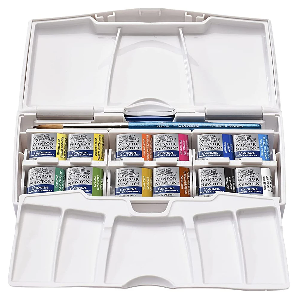 Winsor&Newton cotman solid WaterColor Paint Pigment Advanced protable Set 12 half pans and a brush pen