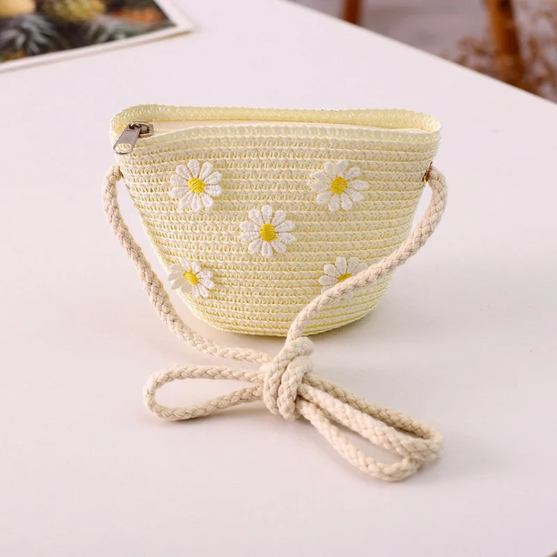 New 2024 Summer Children Girls Shoulder Bag Daisy Flower Straw Bag Messenger Bag Kids Keys Coin Purse Cute Princess Mini Handbag