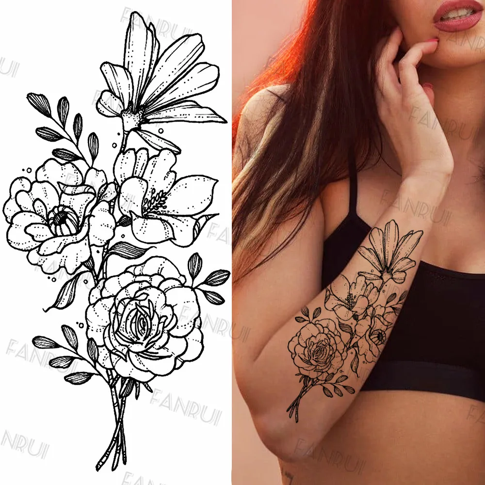 Black Gun Tattoos Sticker For Men Women Arm Art Temporary Tattoos Realistic Fake Flower Lion Tiger Tatoos Decal Cool Warrior DIY