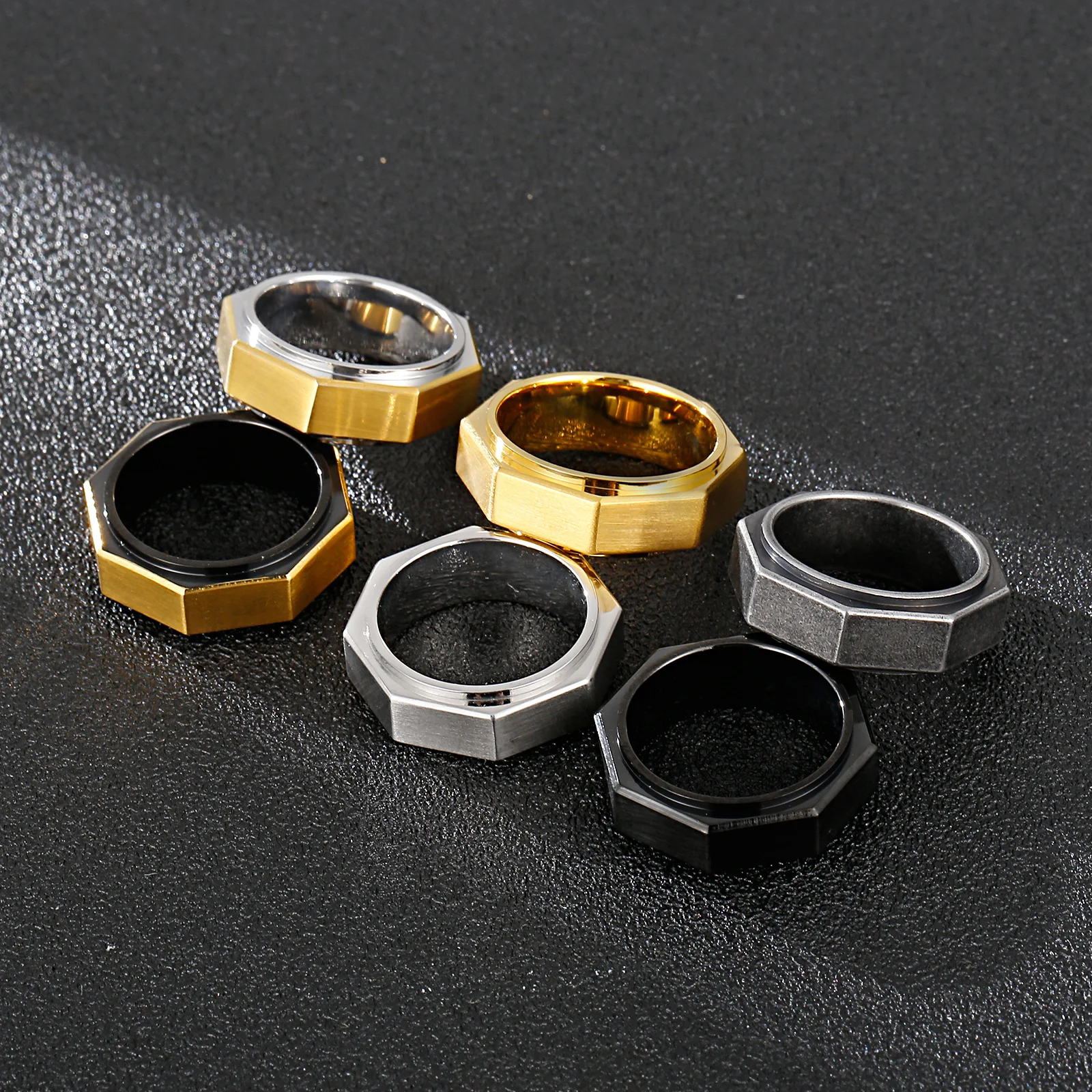 Fongten Octagonal Nuts Screw Ring For Men Stainless Steel Cocktail Ring Male Multiple Color Hip Hop Jewelry