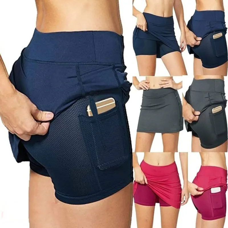 Jupes de tennis élastiques pour femmes avec poches pour téléphone, shorts de sport, jupes Golves, fitness sexy, taille haute, shtalshorts de yoga